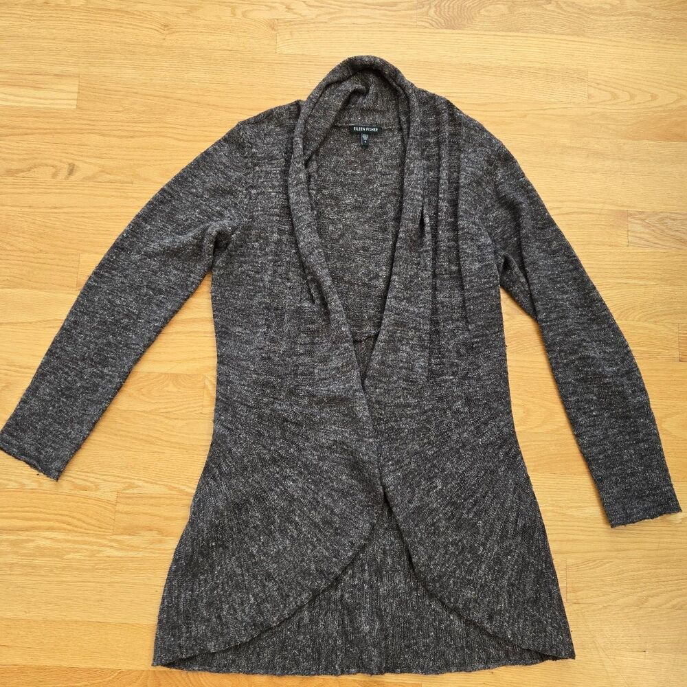 Eileen Fisher Cardigan Sweater S Wool Linen Silk Heather Gray Brown Open Front‎